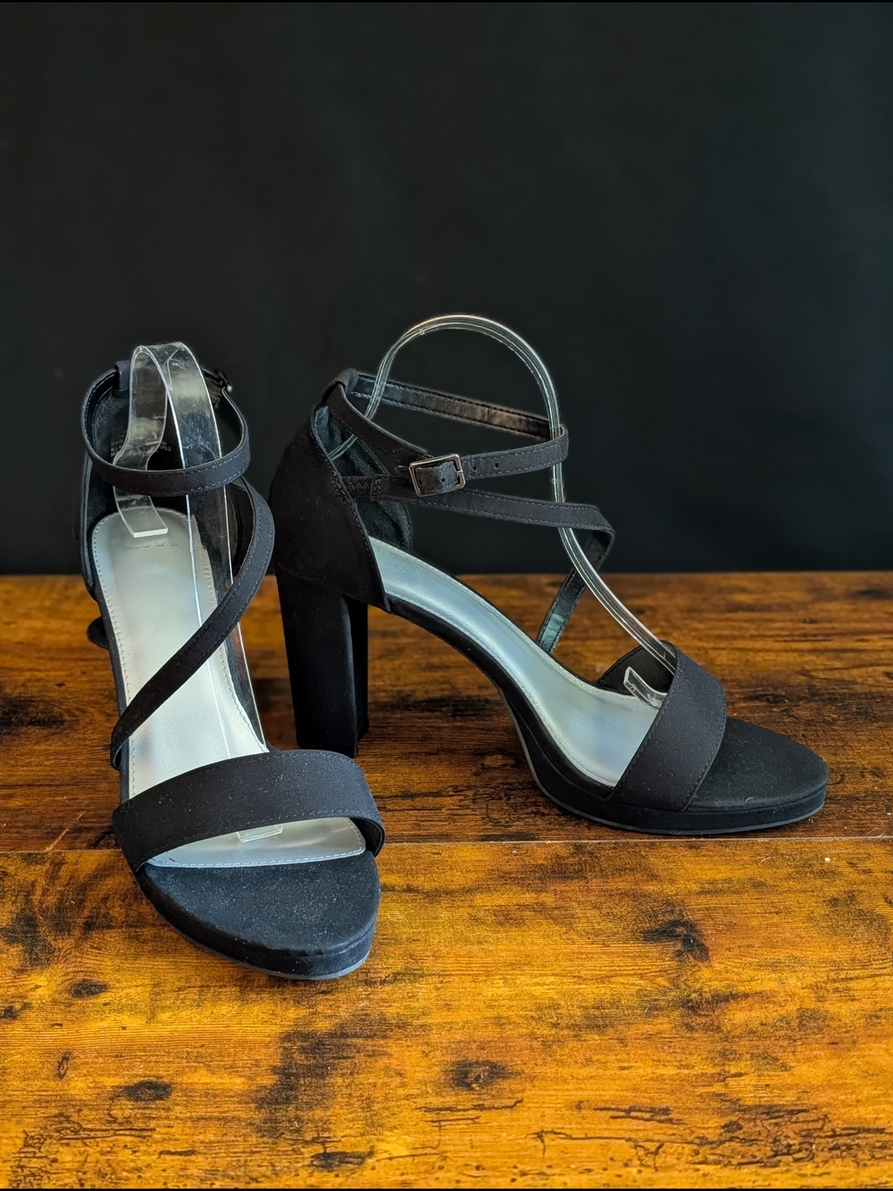 C&M Black Strappy Platform Sandals 12W Wide Ankle Buckle Chunky Heels Club Wear - Picture 7 of 8
